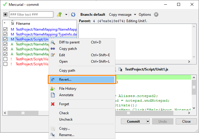 Reverting Chnages in TortoiseHg Commit Dialog Reverting Chnages in TortoiseHg Commit Dialog