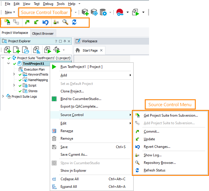 Source Control menu and Source Control toolbar with Subversion integration enabled Source Control menu and Source Control toolbar with Subversion integration enabled