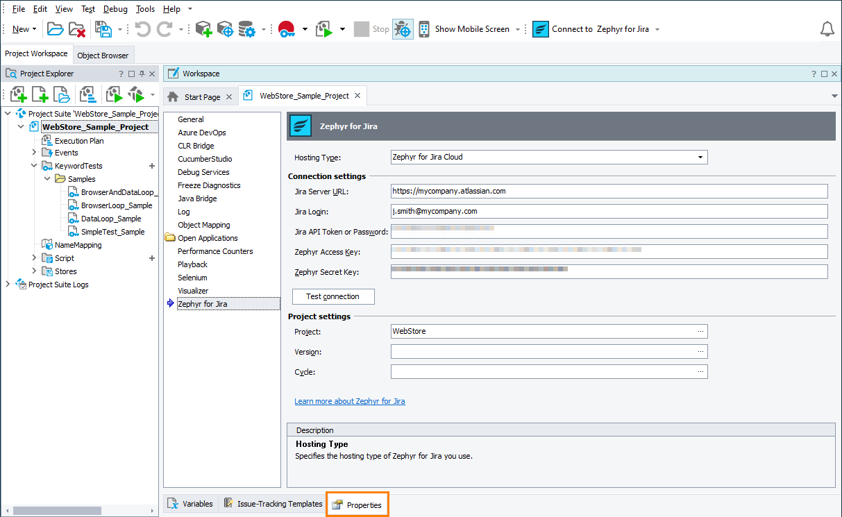 Binding a TestComplete project to Zephyr Squad Connecting TestComplete project to Zephyr Squad