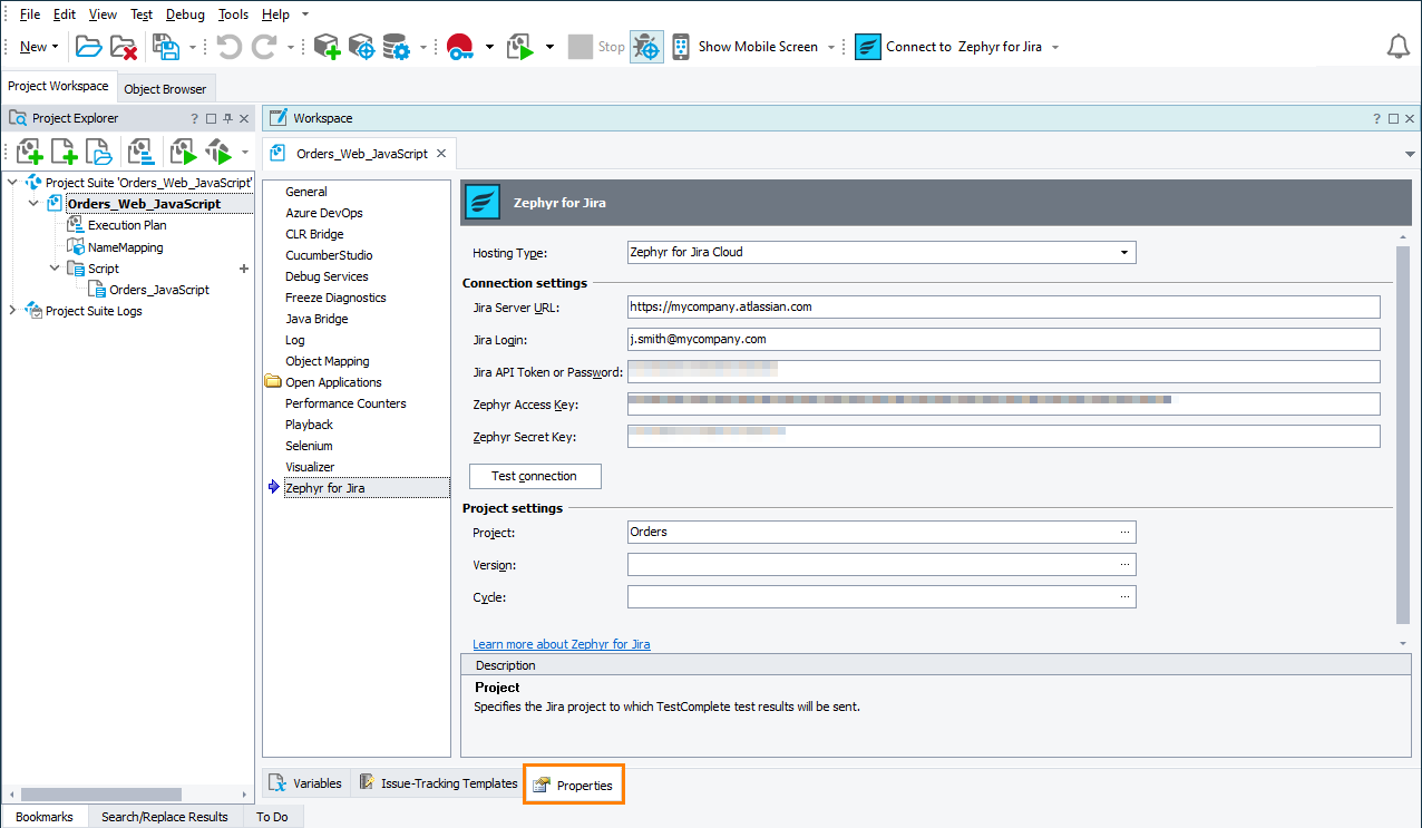 Binding a TestComplete project to Zephyr Squad Connecting TestComplete project to Zephyr Squad
