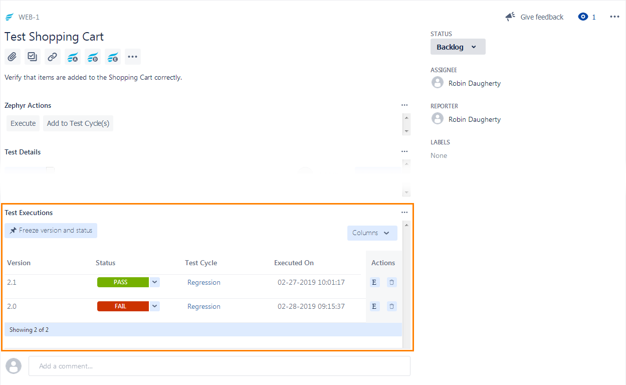 View test results in the Test Executions section of a test case View test results in the Test Executions section of a test case