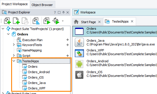 List of tested applications in the Project Explorer