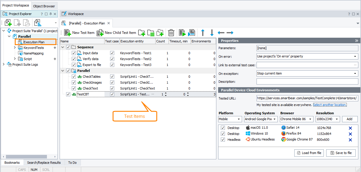 The Test Item List panel The Test Item List panel