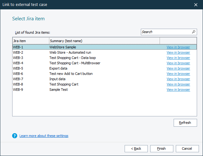 Select Jira Item Link to External Test wizard - Select Jira Item