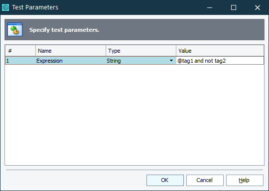 Test Parameters dialog for BDD tests run by tag expression Test Parameters dialog for BDD tests run by tag expression