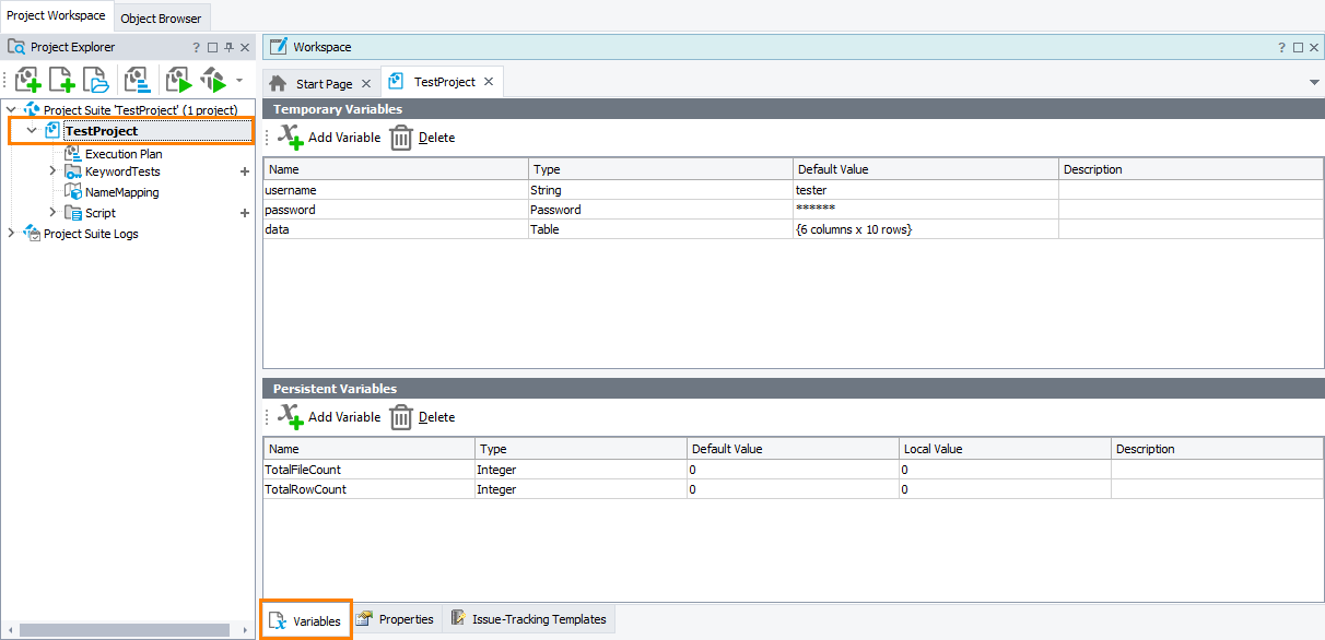 Project - Variables page Project - Variables page