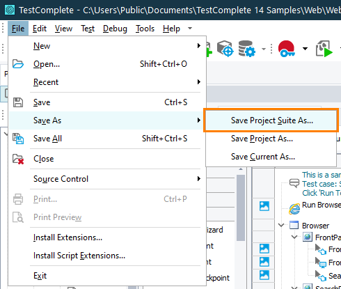 Creating a backup copy of a TestComplete project suite from the TestComplete IDE Creating a backup copy of a TestComplete project suite from TestComplete IDE