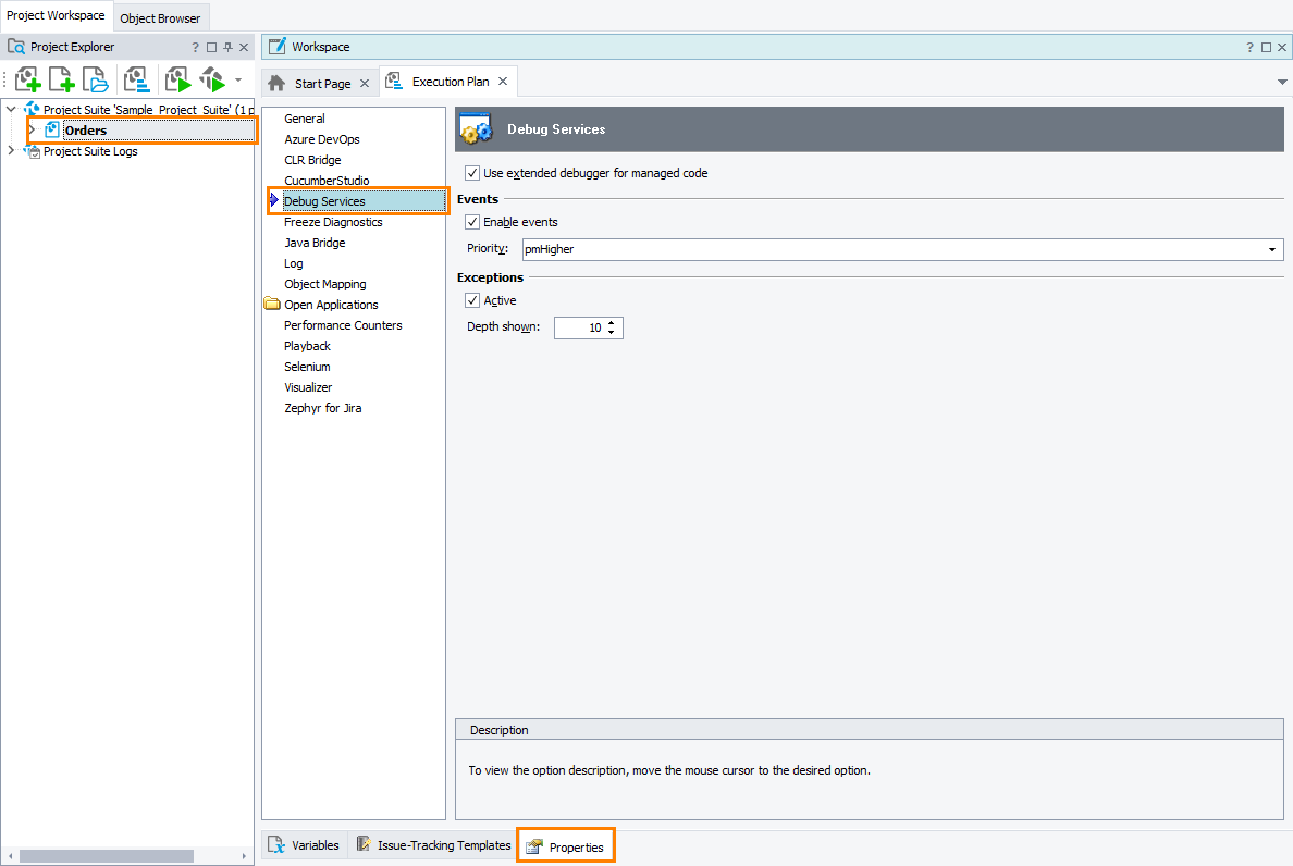 TestComplete Project Properties - Debug Services TestComplete Project Properties - Debug Services