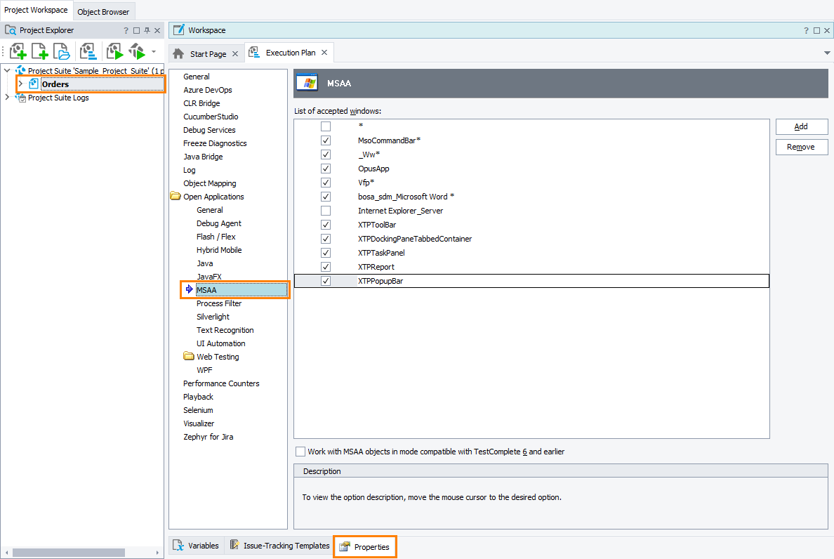 TestComplete Project Properties - MSAA TestComplete Project Properties - MSAA