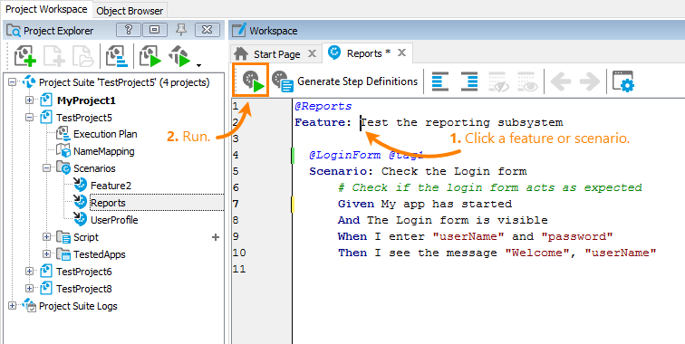 Run BDD tests from Gherkin editor