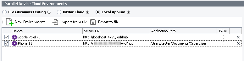 The Parallel Device Cloud Environments panel - The Local Appium mode The Parallel Device Cloud Environments panel - The Local Appium mode