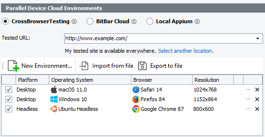 The Parallel Device Cloud Environments panel - The CrossBrowser Testing mode The Parallel Device Cloud Environments panel - The CrossBrowser Testing mode