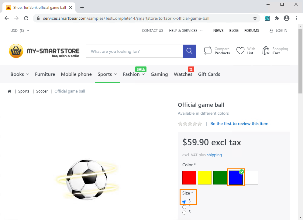 Getting Started with TestComplete (Web): Select item color and size