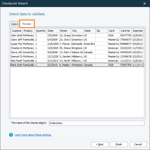 Table Checkpoints: Preview the table data