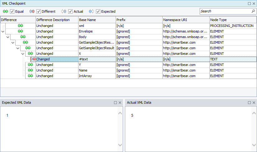 Web service checkpoint results in the XML Checkpoint Results panel