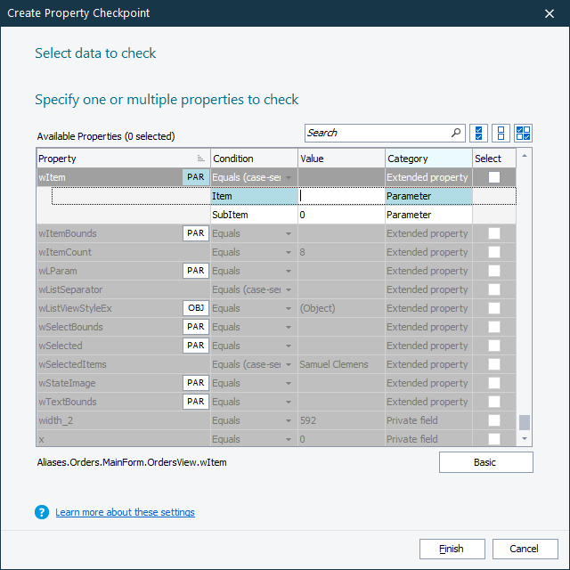 Getting Started with TestComplete (Desktop): wItem property in the property list