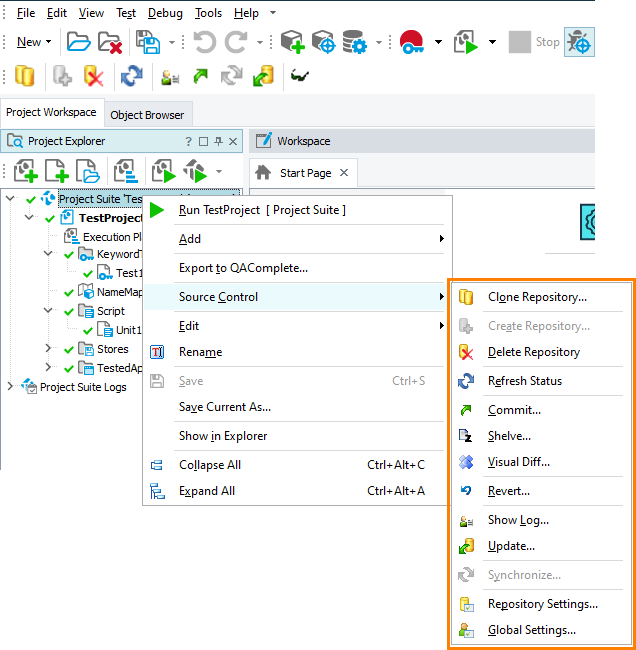 Items of the Source Control menu with TortoiseHg integration enabled.