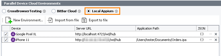 The Parallel Device Cloud Environments panel - The Local Appium mode The Parallel Device Cloud Environments panel - The Local Appium mode