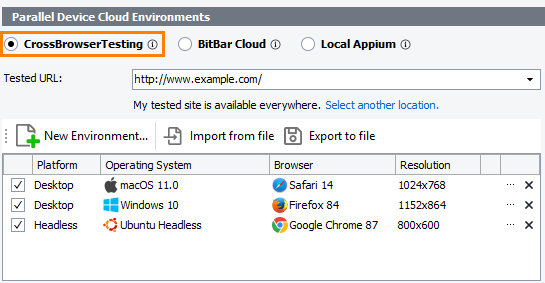 The Parallel Device Cloud Environments panel - The CrossBrowser Testing mode The Parallel Device Cloud Environments panel - The CrossBrowser Testing mode
