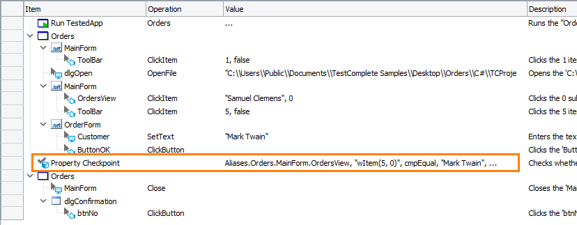 Property checkpoint in a keyword test