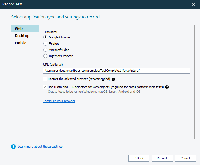 Getting Started with TestComplete: Select your tested web page