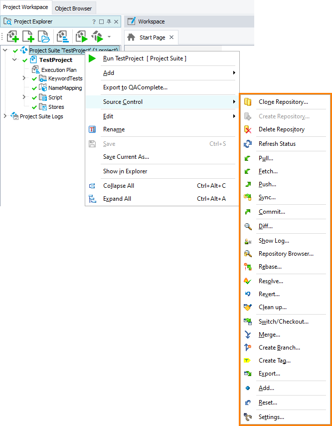 Items of the Source Control menu with TortoiseGit integration enabled.