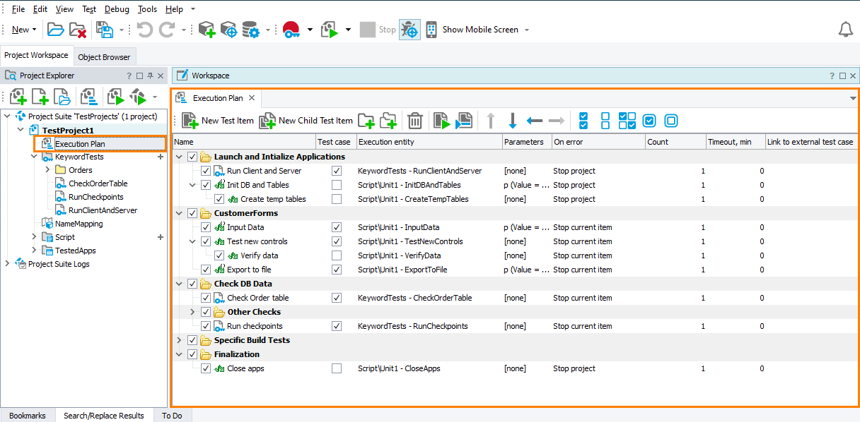 Execution Plan Editor of the Project