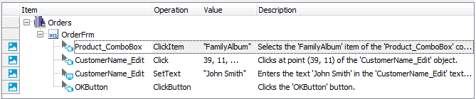 A sample keyword test recorded against a C++Builder application