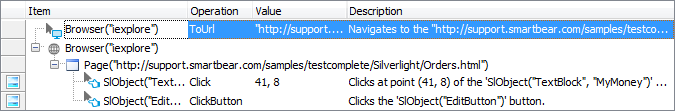 A keyword test operation over a Silverlight object that is not in Name Mapping