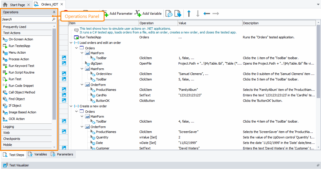 Operations panel of the Keyword Test editor