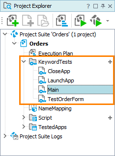 Keyword-driven tests in the Project Explorer panel