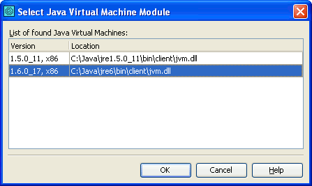 Select Java Virtual Machine Module dialog