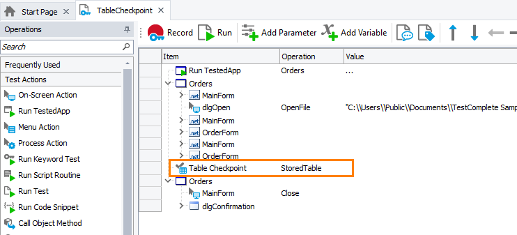 Table checkpoint in a keyword test