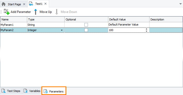 The Parameters page of the Keyword Test editor