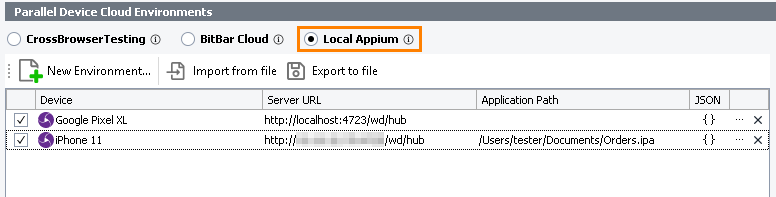 The Parallel Device Cloud Environments panel - The Local Appium mode