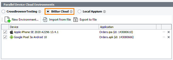 The Parallel Device Cloud Environments panel - The BitBar Cloud mode