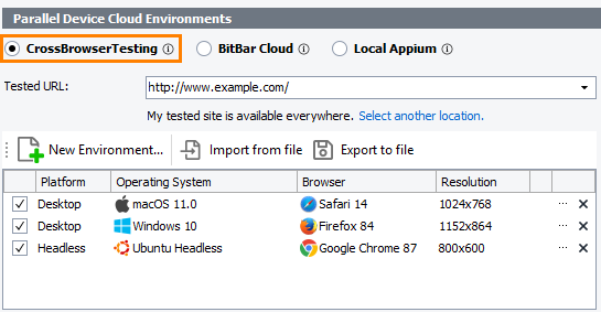 The Parallel Device Cloud Environments panel - The CrossBrowser Testing mode