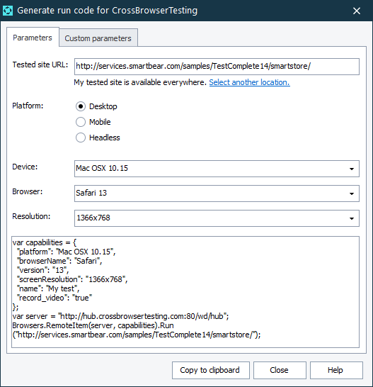 Generate run code for CrossBrowserTesting dialog