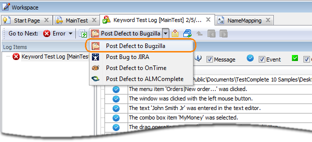TestComplete Test Log: the Post Defect to Bugzilla menu item
