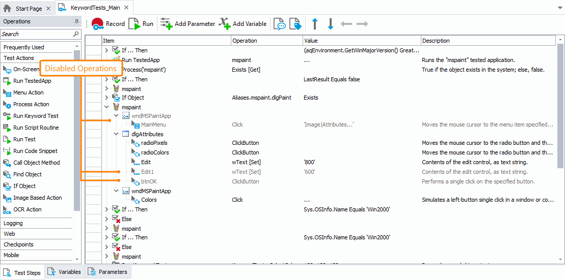 Disabled Operations in the Keyword Test Editor