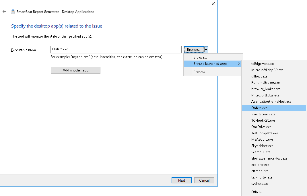 Select a launched application to trace Select a launched application to trace