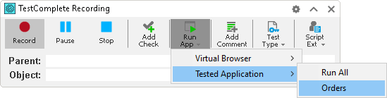 Running an application during test recording