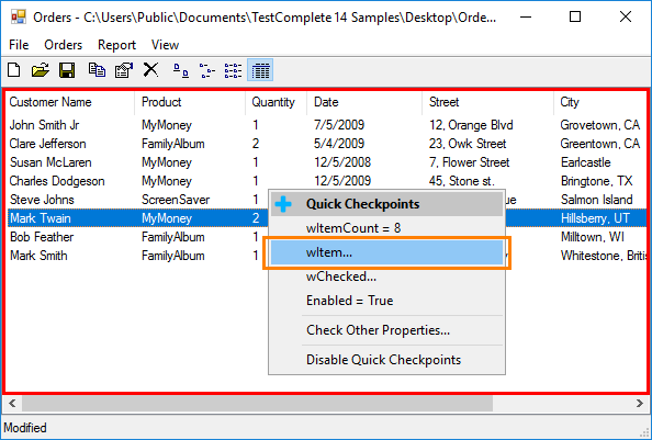 Getting Started with TestComplete (Desktop): Select wItem property from the list