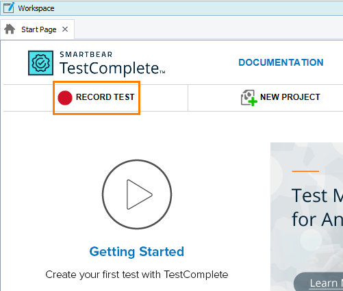 Getting Started with TestComplete: Start Page