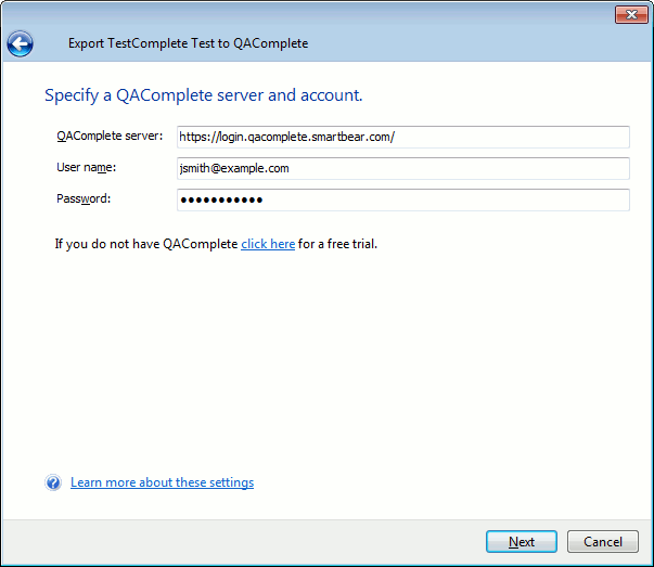 Exporting to QAComplete: Specify a QAComplete server and account