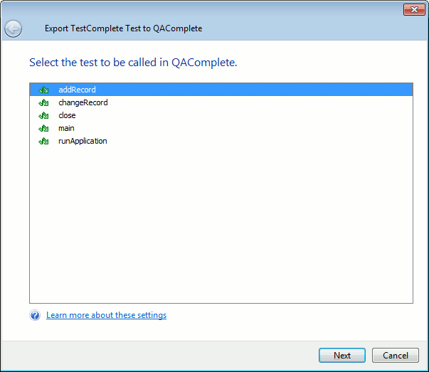 Exporting to QAComplete: Select the test to be called in QAComplete
