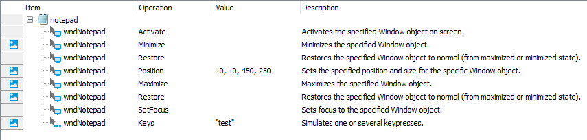 Simulating actions on the Notepad window from a keyword test