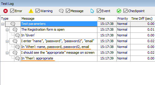 Parameter values in the test log