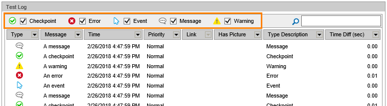 Filtering test results by the message type in Internet Explorer