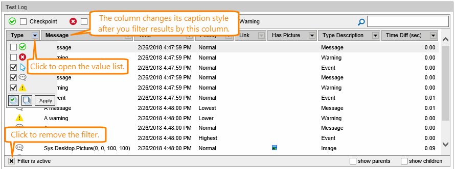 Filtering test results by values in Internet Explorer
